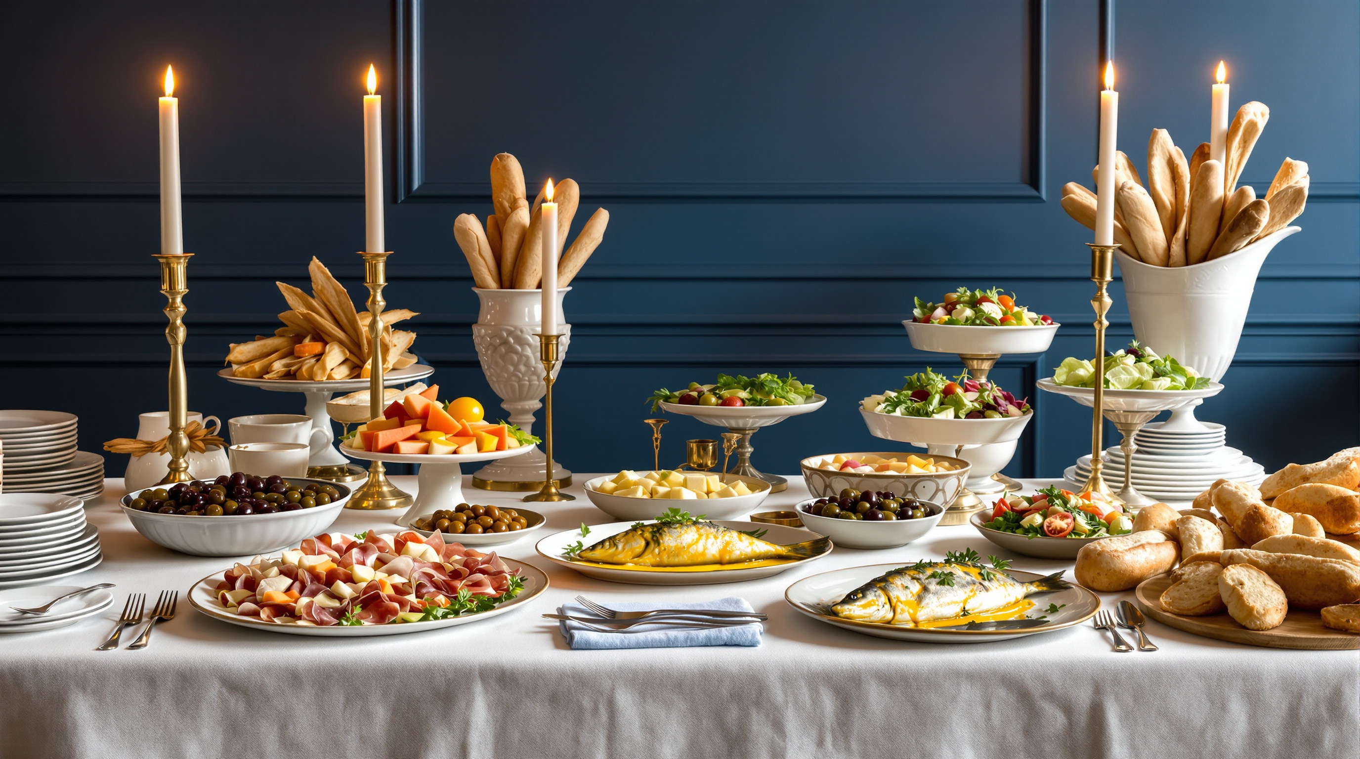 Rijk gedekt buffet met antipasti, salades en warme gerechten in klassieke stijl