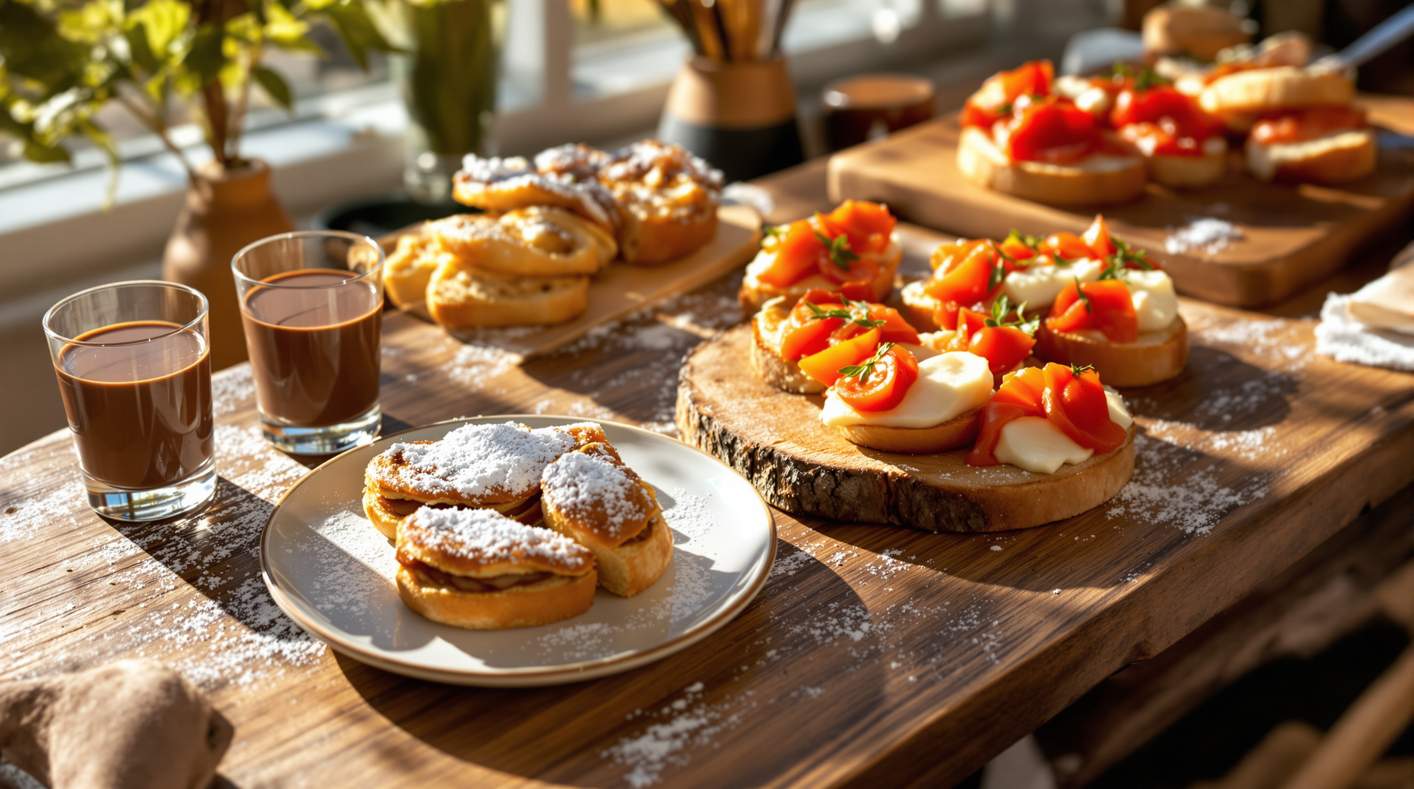 Desserttafel met chocolademousse, appelstrudel en bruschetta's