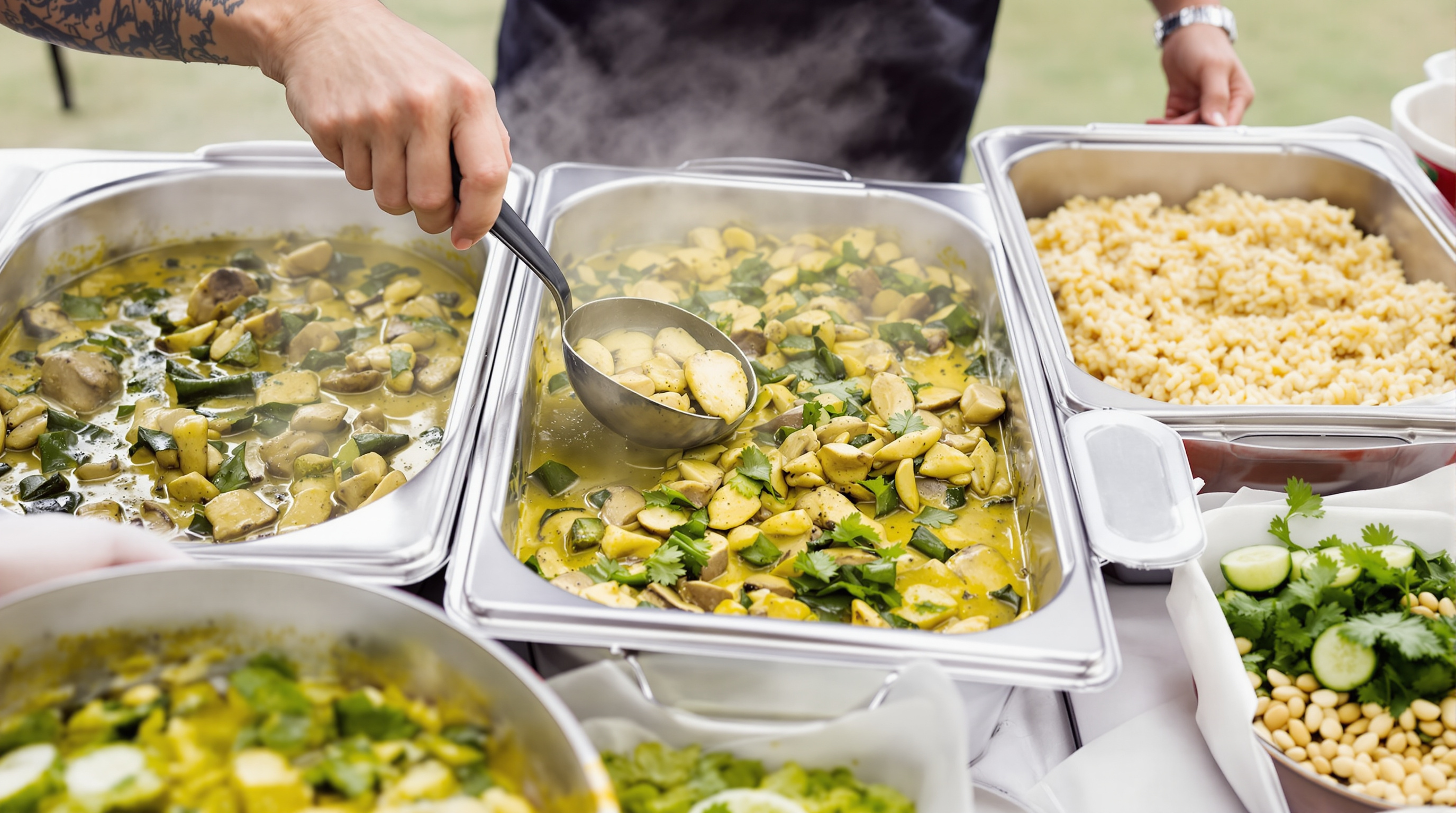 Thaise curry met pandanrijst wordt uitgeserveerd uit cateringpannen