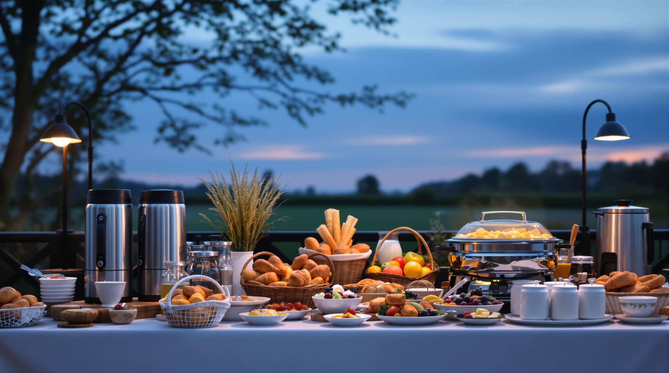 Ontbijttafel met croissants, fruit en koffie bij zonsopgang op een filmlocatie