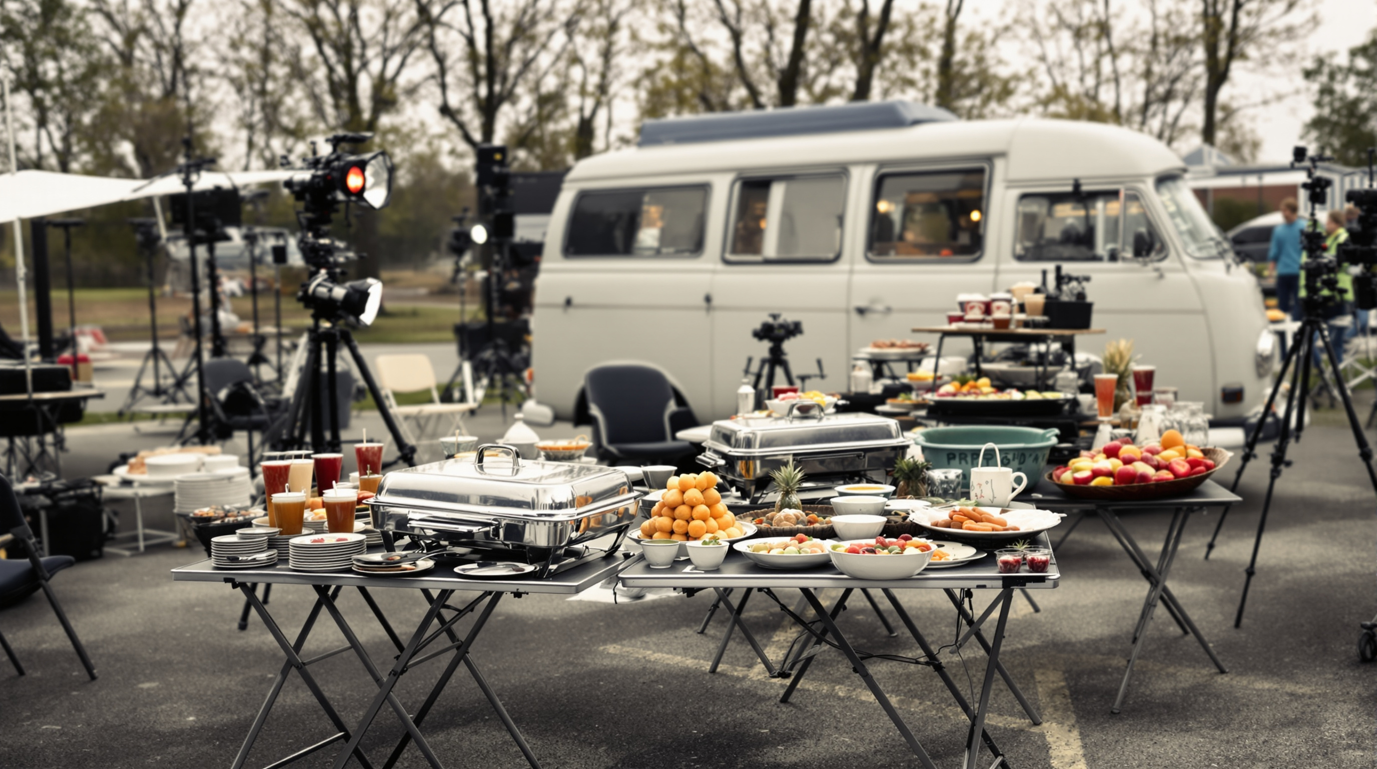 Cateringopstelling met warme gerechten naast een filmset