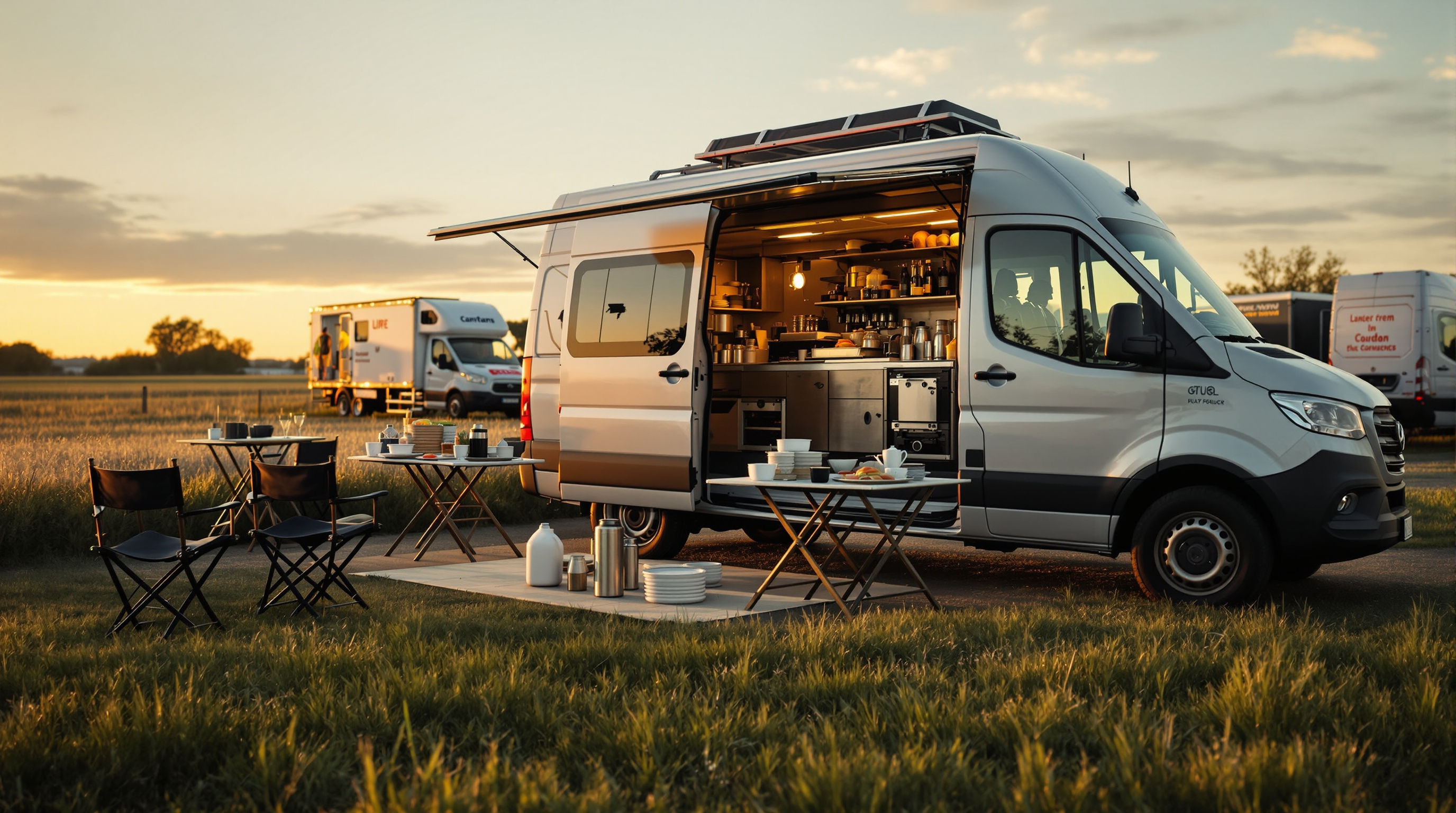 Cateringbus met veldkeuken op een filmlocatie in de polder