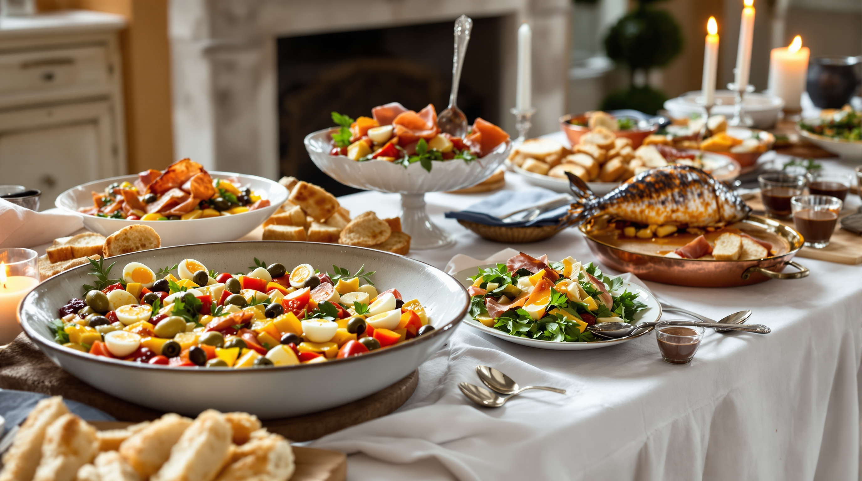 Frans buffet met salade niçoise, geitenkaas met honing en zeewolf met saffraan