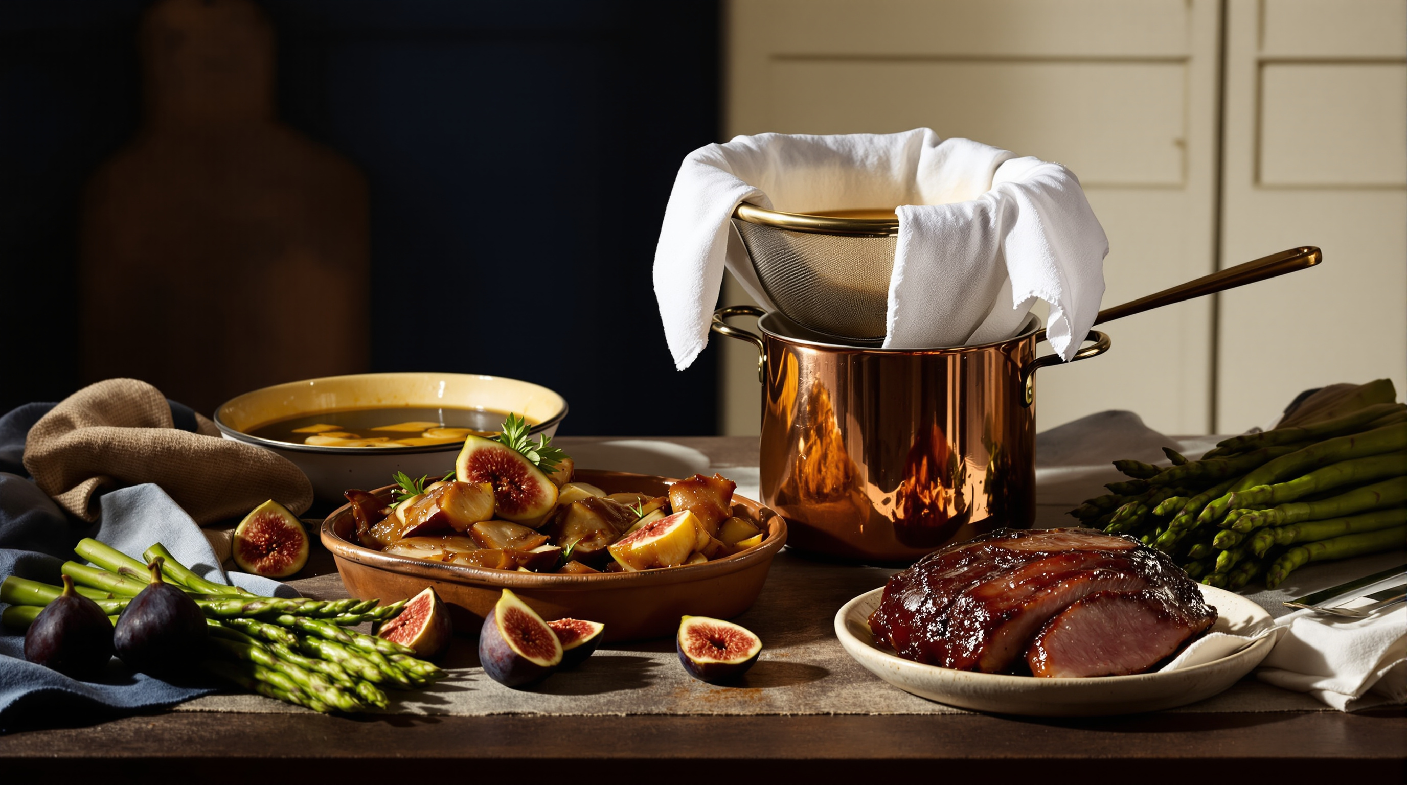 Klassieke Franse keuken met heldere bouillon, confit de canard en verse vijgen