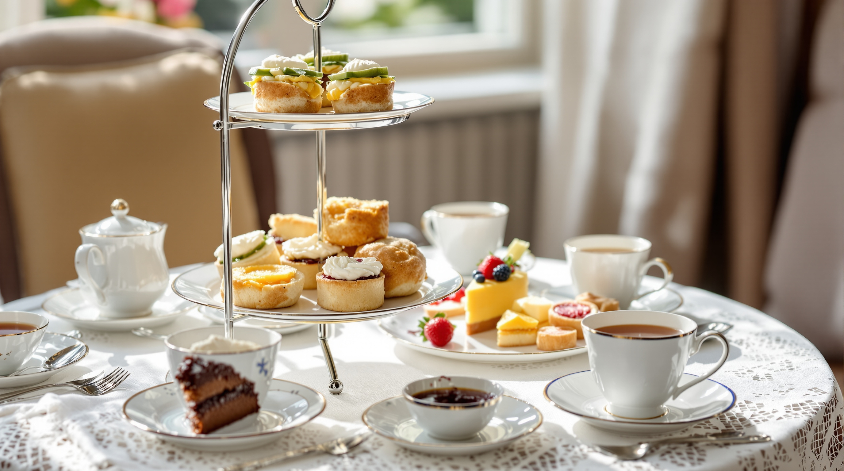 High tea met etagère vol sandwiches, scones met clotted cream en taartjes