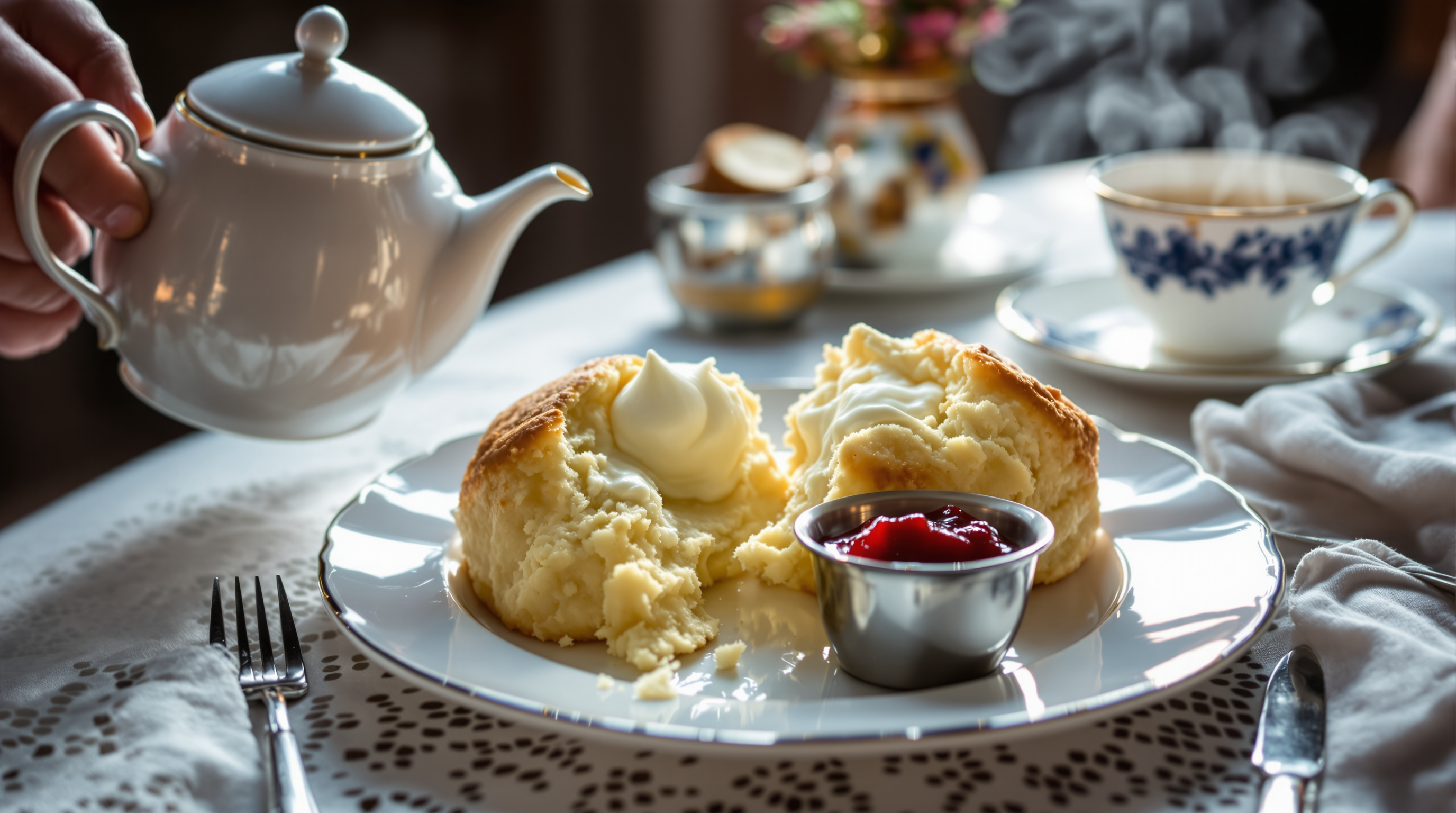 Warme scones met clotted cream en jam bij een kop Earl Grey