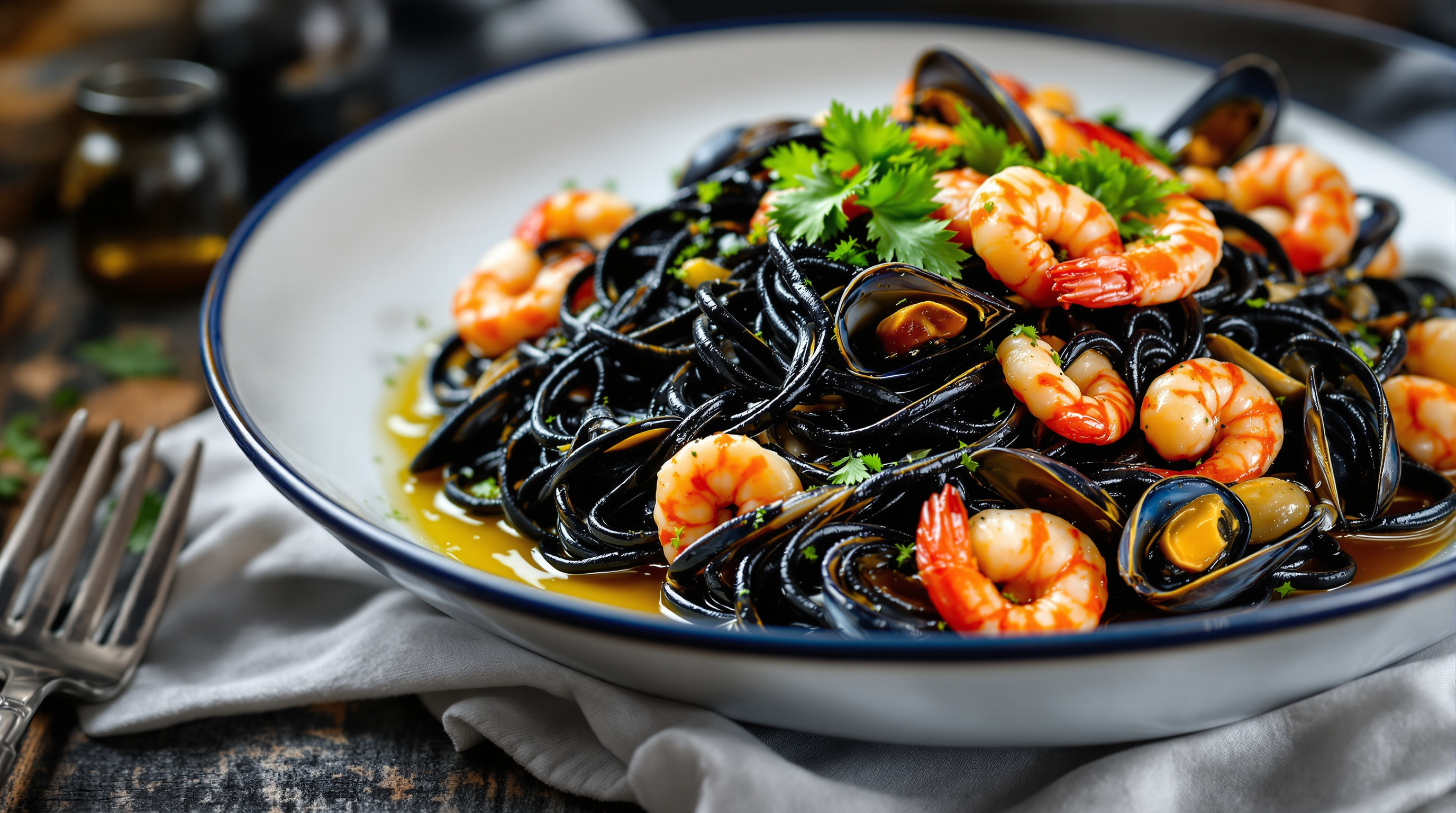 Tagliatelle nero met frutti di mare in diepe witte kom
