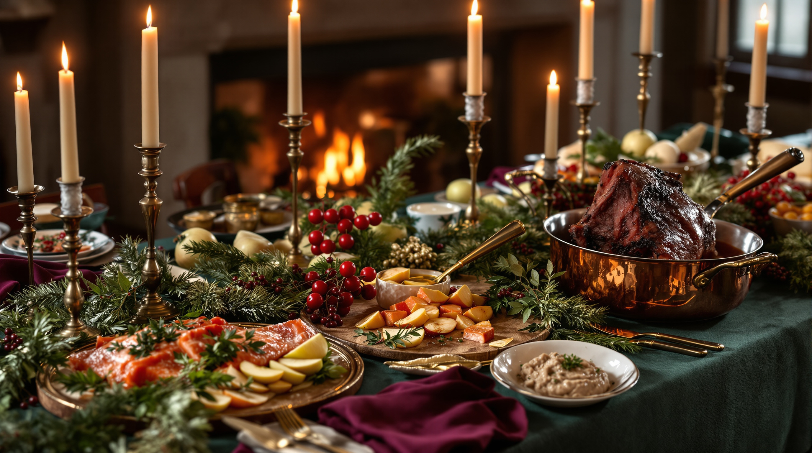Feestelijk kerstbuffet met zalm, wildgerechten en kaarslicht