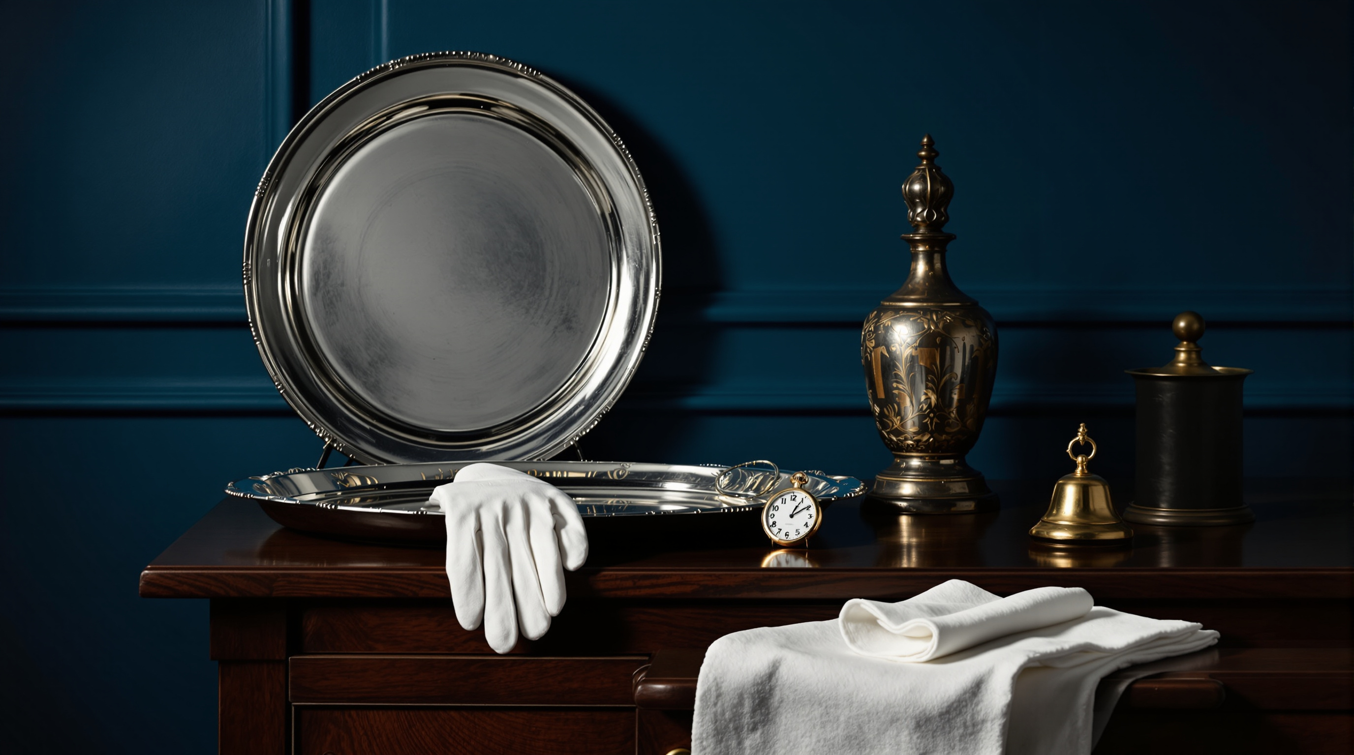 Stilleven met witte handschoenen, zilveren dienblad en tafelbel — symbolen van het butlervak