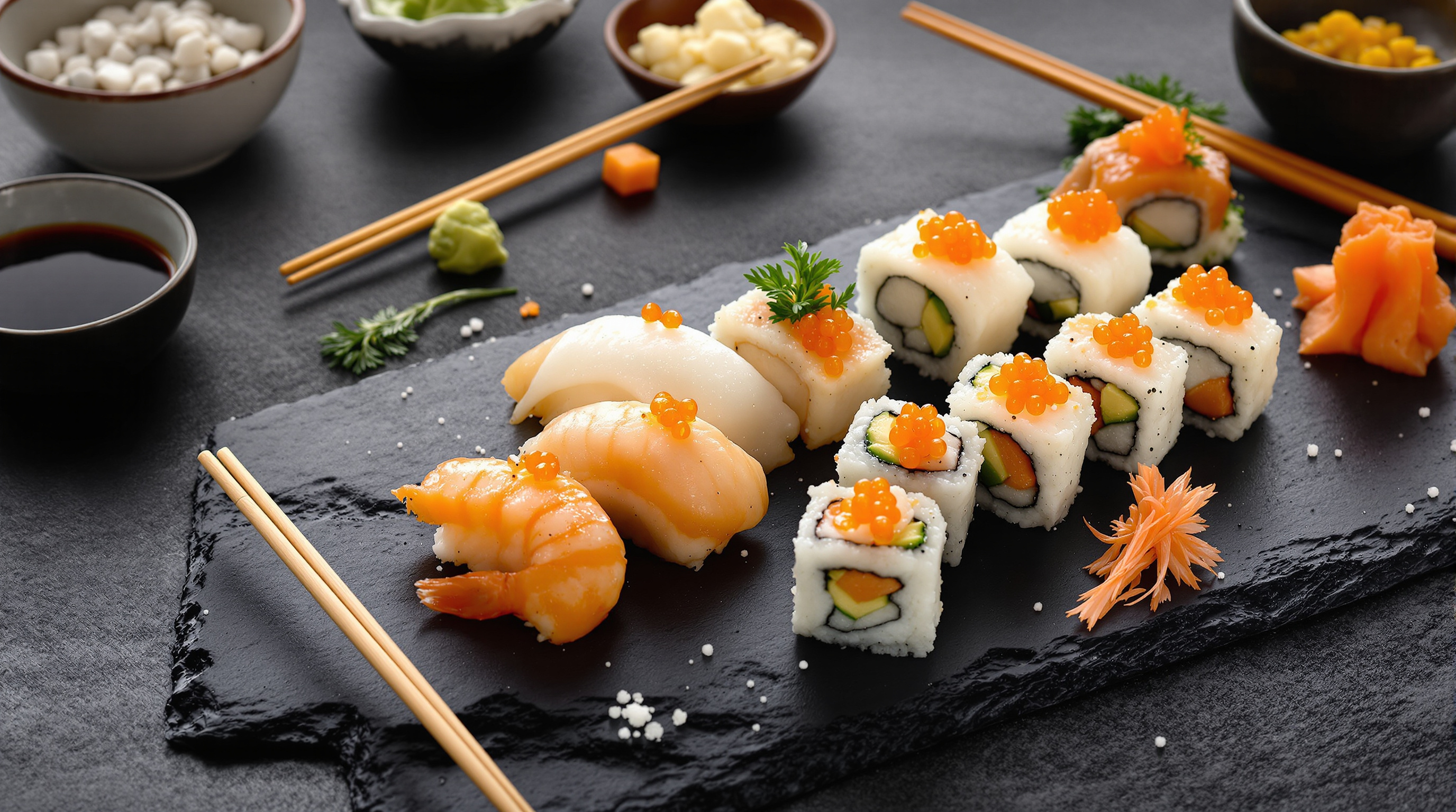 Sushischotel met nigiri en maki, sojasaus, wasabi en gember