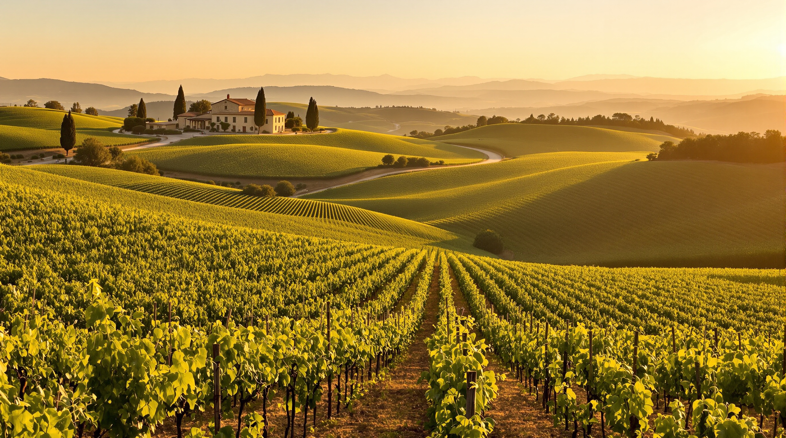 Wijngaarden in het Penedès met oude stokken in avondlicht